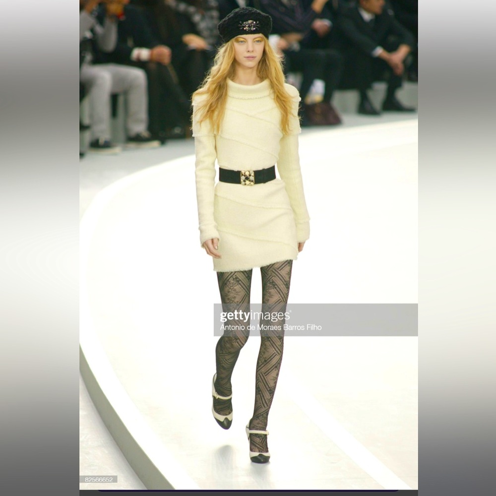 New Chanel Ivory Tweed Dress with Belt, CC Logo Buttons Silk- Lined